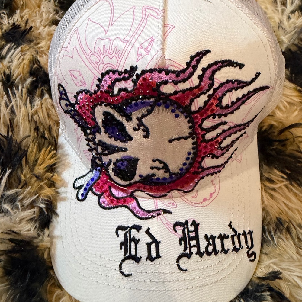 Ed Hardy White Mesh Trucker Cap with Rhinestone Skull Accent